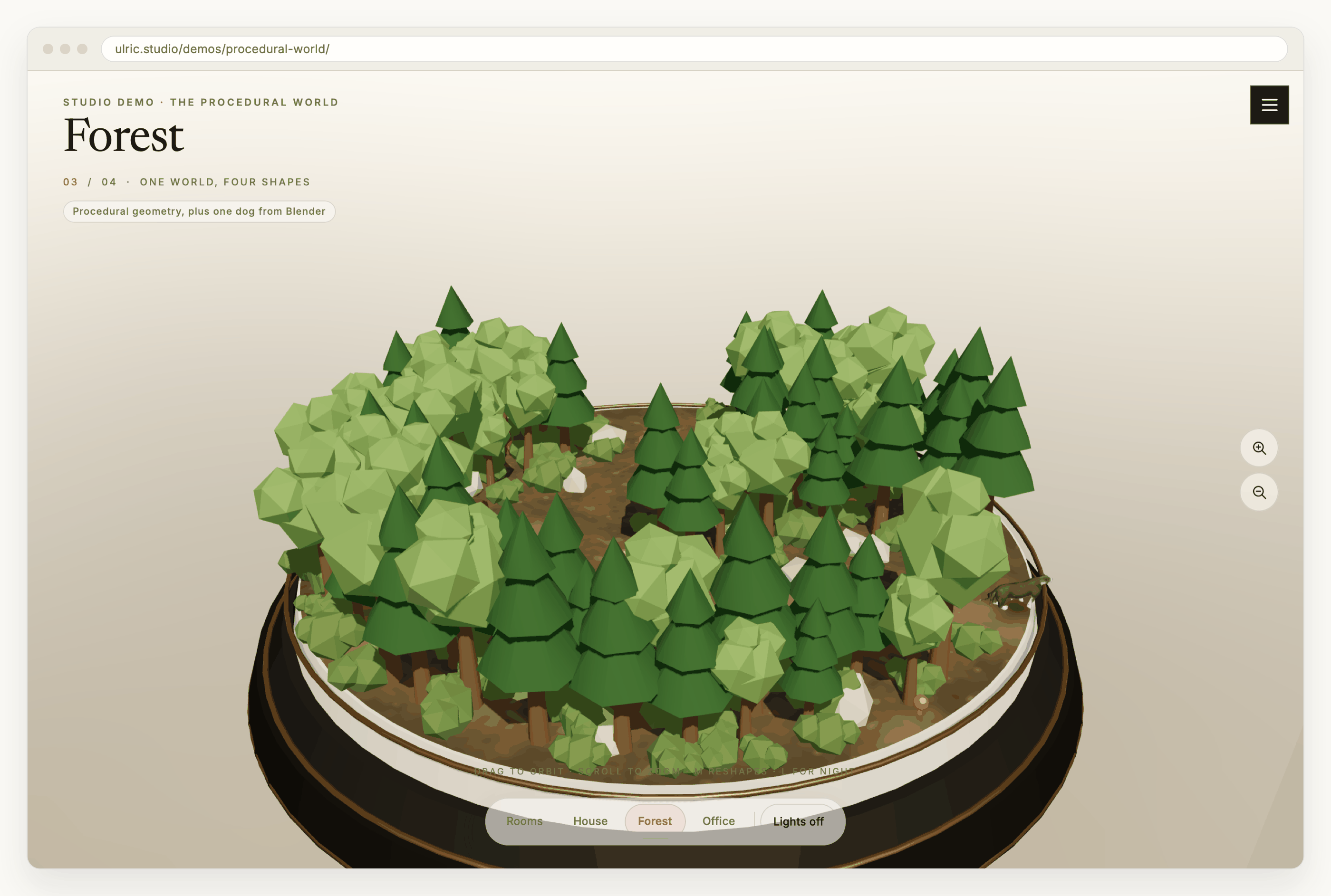The forest world in a browser window: a few hundred low-polygon conifers and round-canopied trees crowd a circular platform, with a dirt path winding between them. The pit bull is visible at the right edge of the platform, emerging from under the canopy.