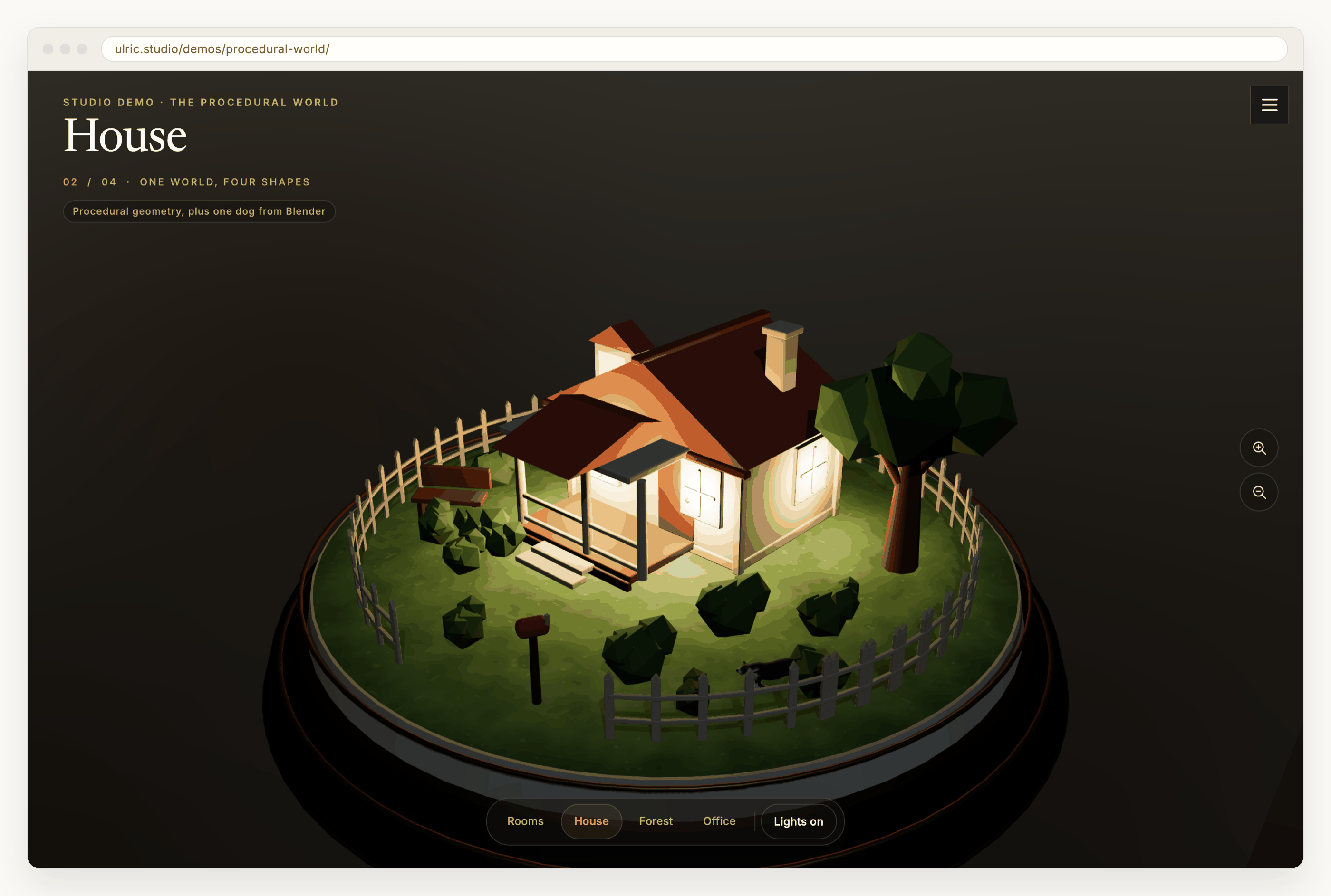 The house world at night in a browser window: a small cottage with a red roof glows from its windows and porch light, ringed by a white picket fence on a green lawn, with a tree, shrubs and a mailbox. The pit bull is a small dark shape crossing the grass near the fence.