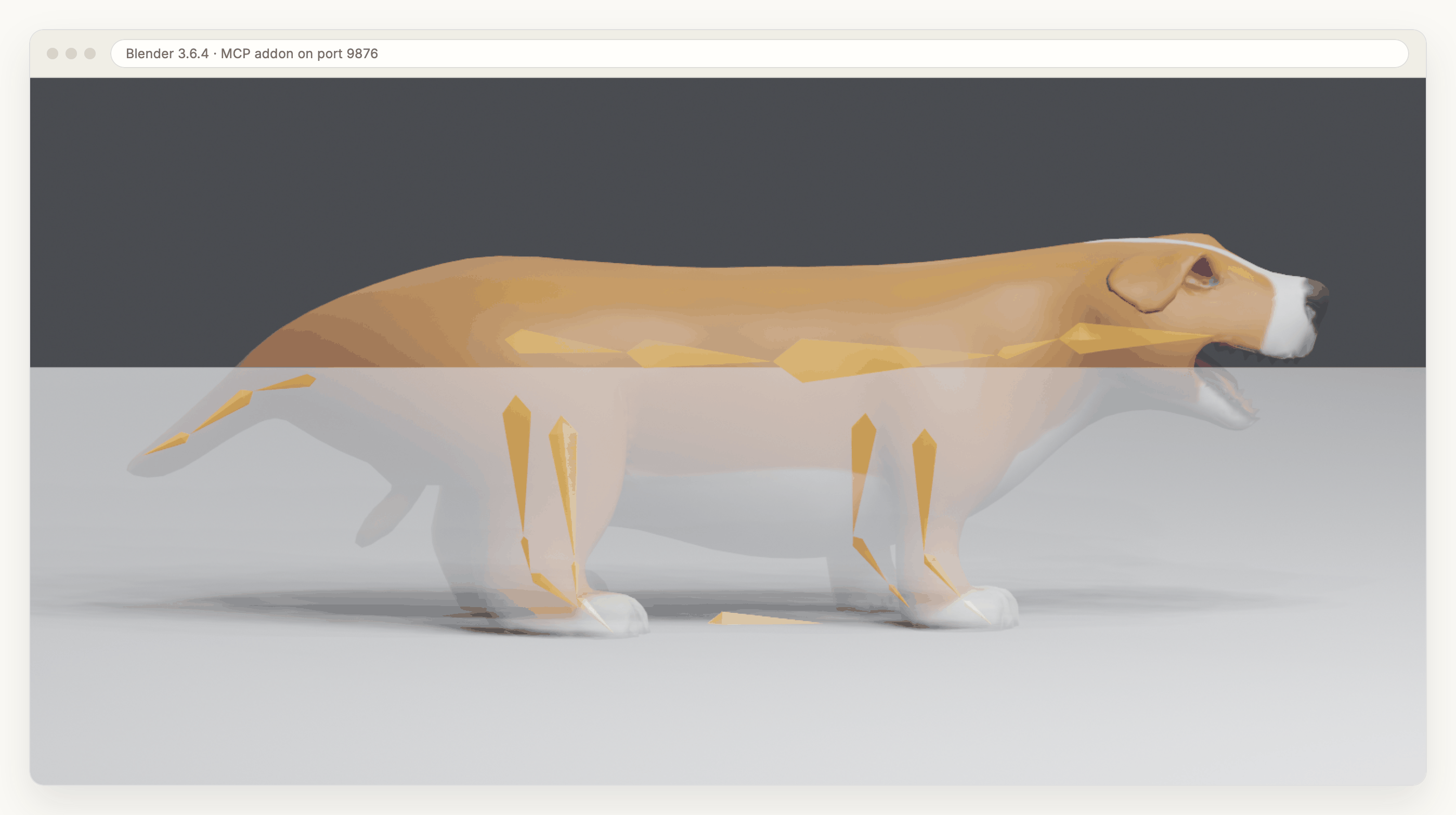 A Blender viewport showing a semi-transparent tan and white pit bull mesh with a yellow bone armature visible inside it: a chain along the spine to the head, three bones in each leg, and a short chain in the tail.