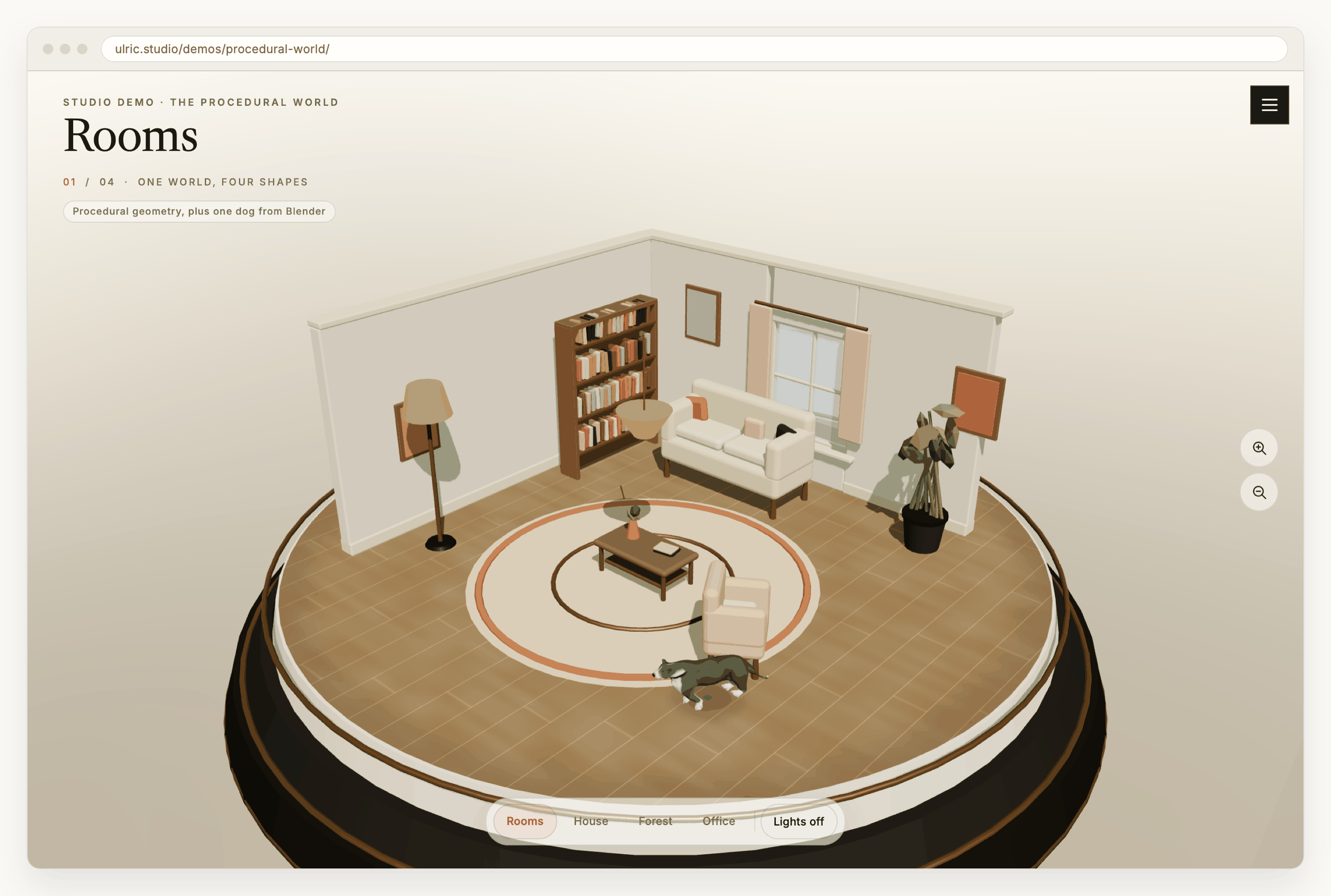 The demo in a browser window: a living room built from boxes and cylinders sits on a round brass turntable, with a sofa, an armchair, a bookshelf of coloured paperbacks, a floor lamp, a coffee table and a potted plant. A grey and white pit bull runs across the rug in mid stride. A control bar along the bottom offers Rooms, House, Forest, Office and a lights-off button.