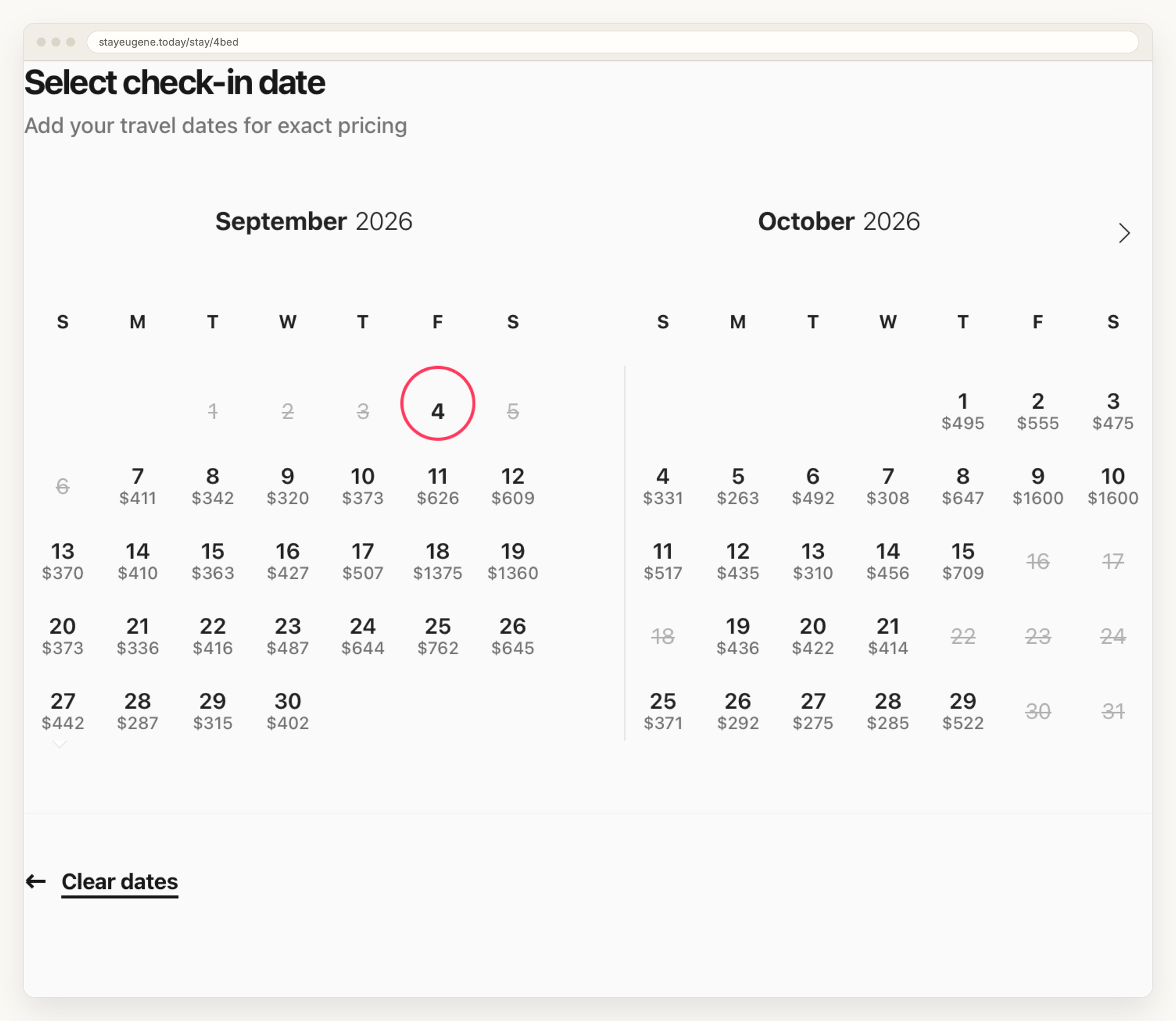 The availability calendar on the four bedroom listing page, showing September and October 2026 with a nightly price under each open date and a strikethrough on the closed ones. Prices range from $263 to $1,600 a night, and eight October dates are struck out.