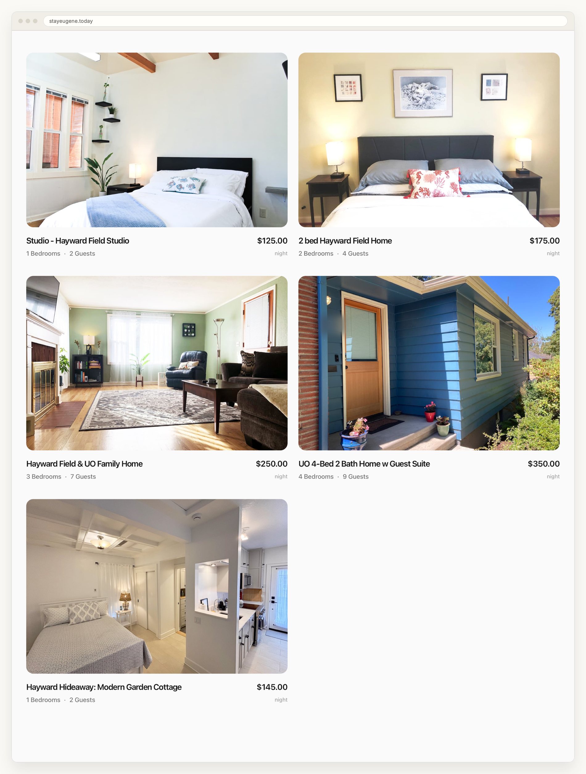 The StayEugene collection page showing five rental listings with photographs, each labeled with bedrooms, guest capacity and a nightly rate: a studio at $125, a two bedroom home at $175, a three bedroom family home at $250, a four bedroom home with guest suite at $350, and a garden cottage at $145.