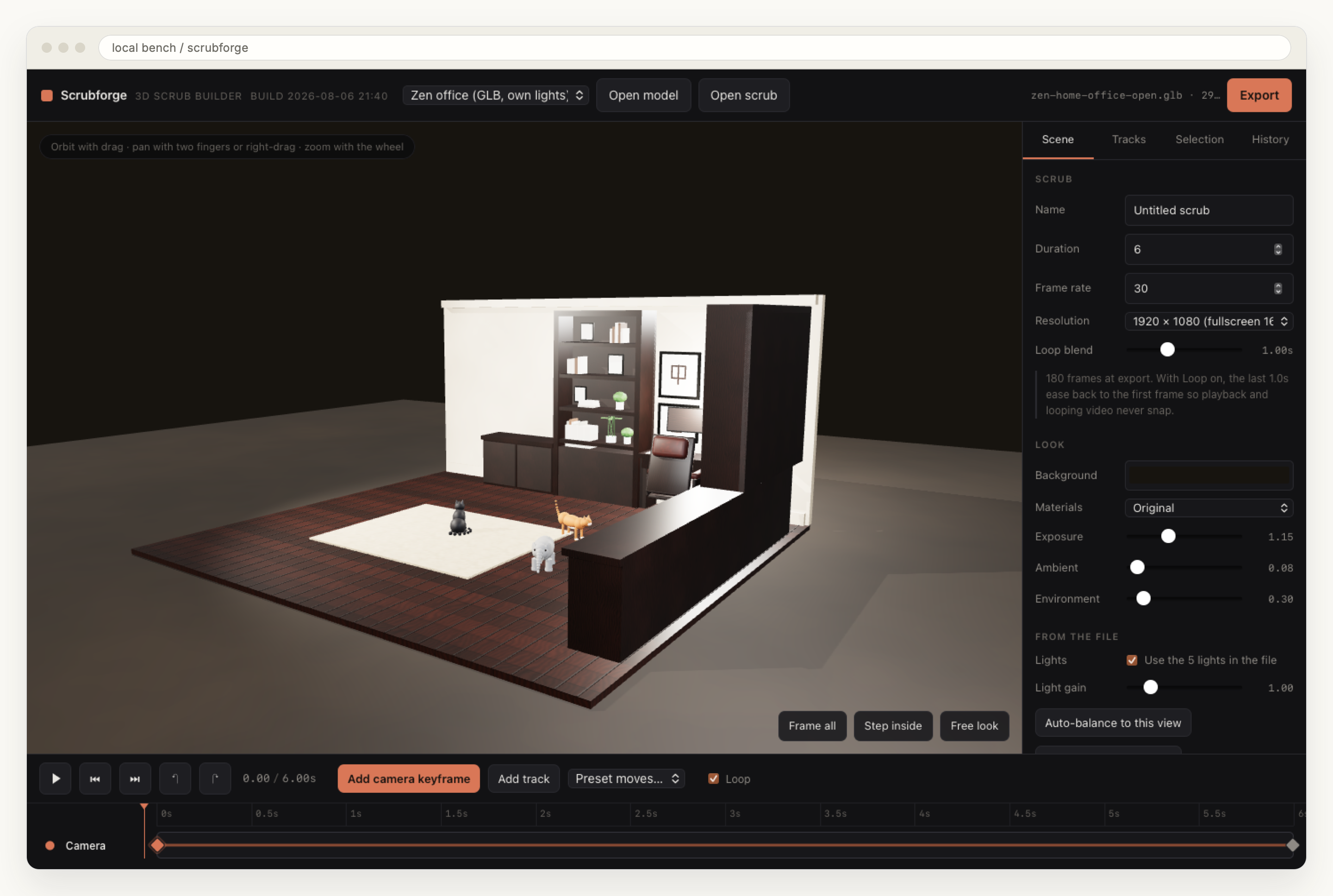 Scrubforge running locally with a home office model loaded. The 3D viewport shows a furnished room lit by lights read from the file. The right panel shows scrub duration 6 seconds, frame rate 30, resolution 1920 by 1080, loop blend 1 second, and a note reading 180 frames at export. A camera track with two keyframes runs along the timeline at the bottom.