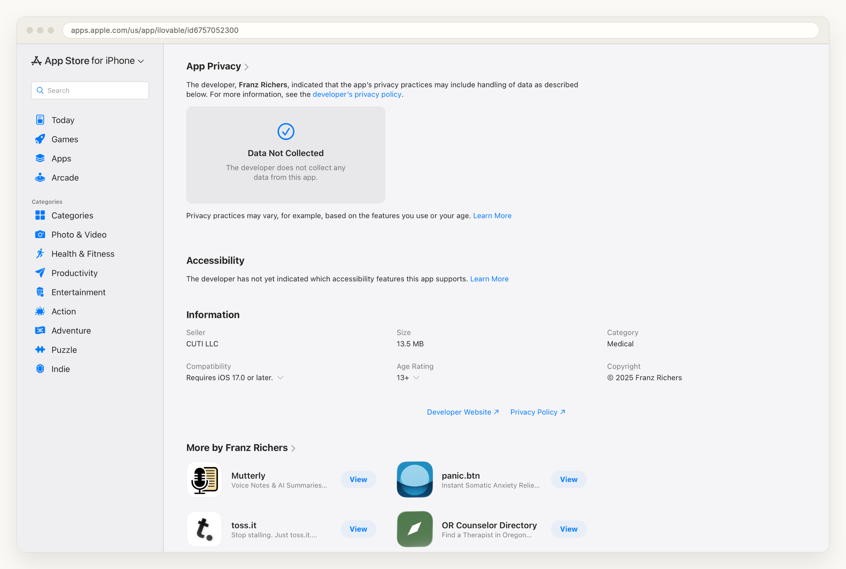 The App Privacy section of the iLovable product page, showing a panel reading Data Not Collected, the developer does not collect any data from this app, above the information table listing the seller, a size of 13.5 MB, and a minimum of iOS 17.