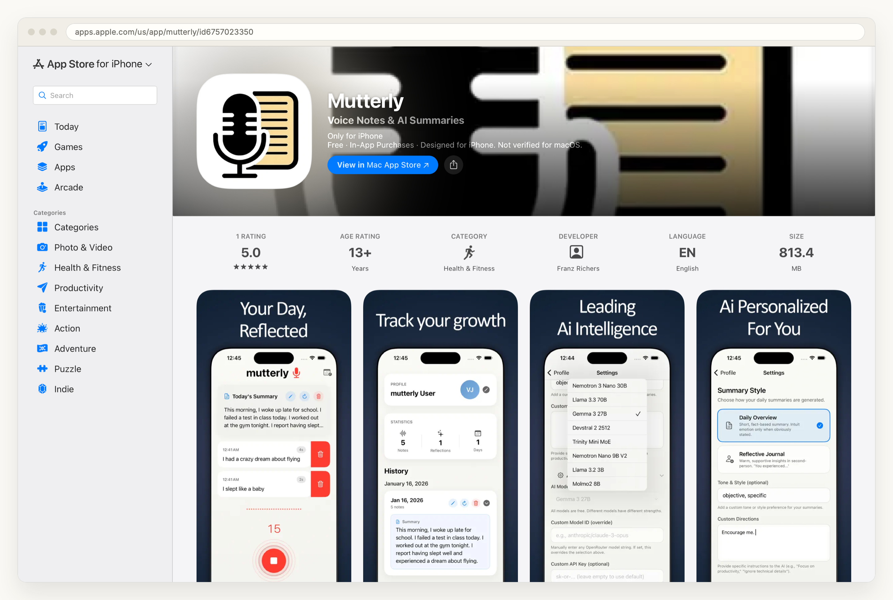 The Mutterly product page on the App Store, showing the subtitle Voice Notes and AI Summaries, a 13+ age rating, the Health and Fitness category, and a size of 813.4 MB, above four app screenshots of the recording view and the daily summary.