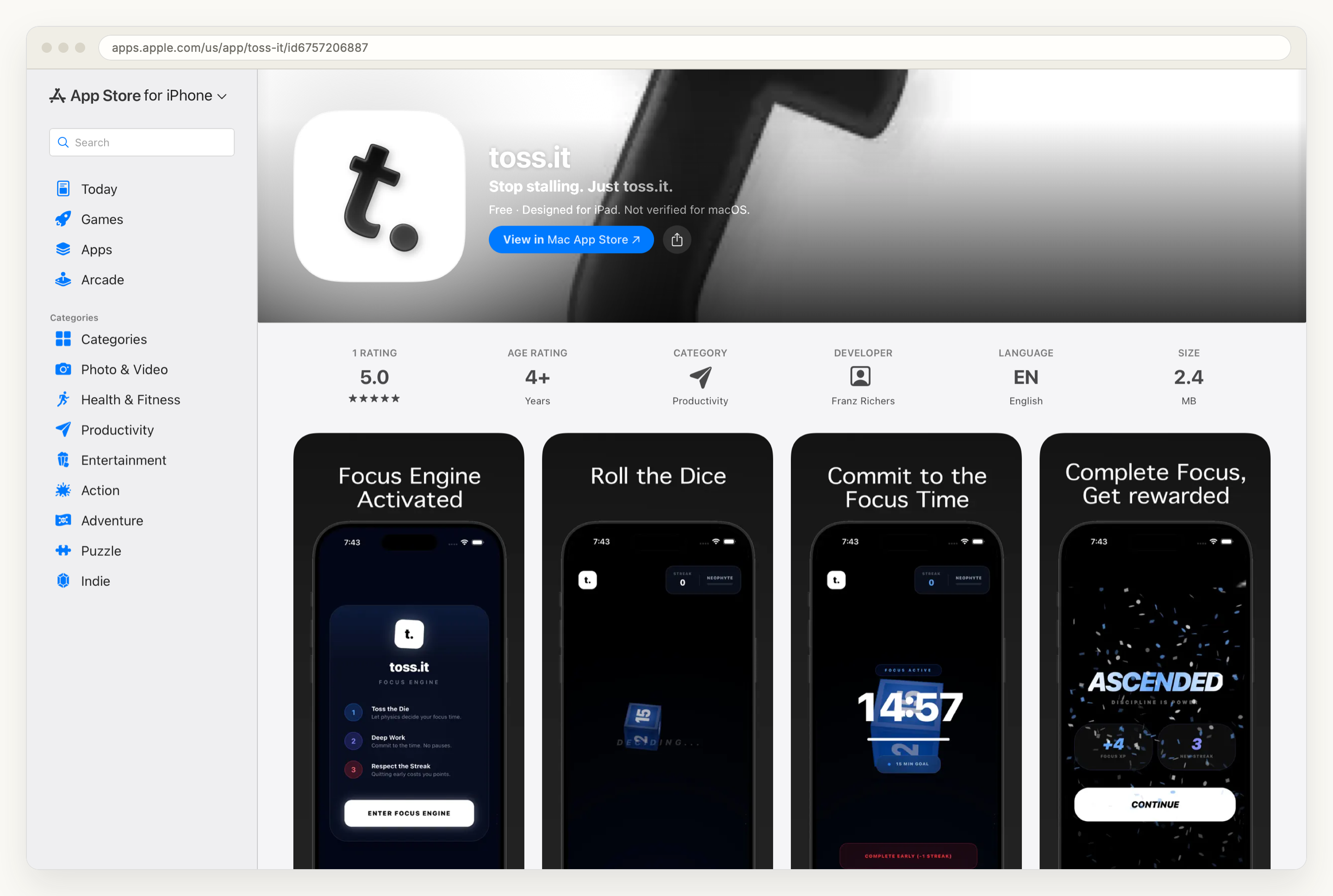 The toss.it product page on the App Store, subtitled Stop stalling. Just toss.it., in the Productivity category at 2.4 MB, with screenshots of the focus engine, a tumbling die and a running timer.