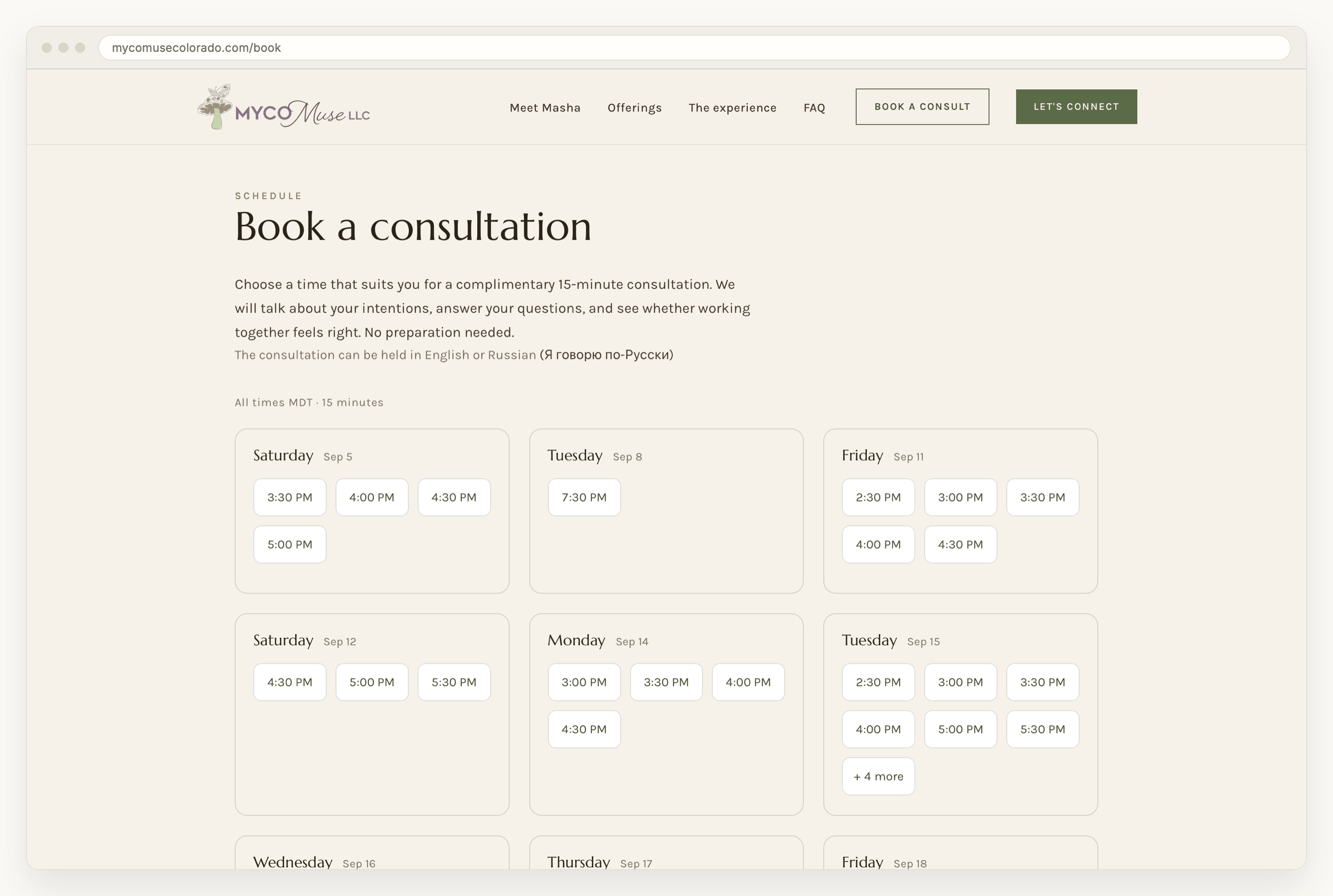 The booking page showing genuinely open times grouped into day cards, Saturday through Friday, each card holding a short list of fifteen-minute slots.