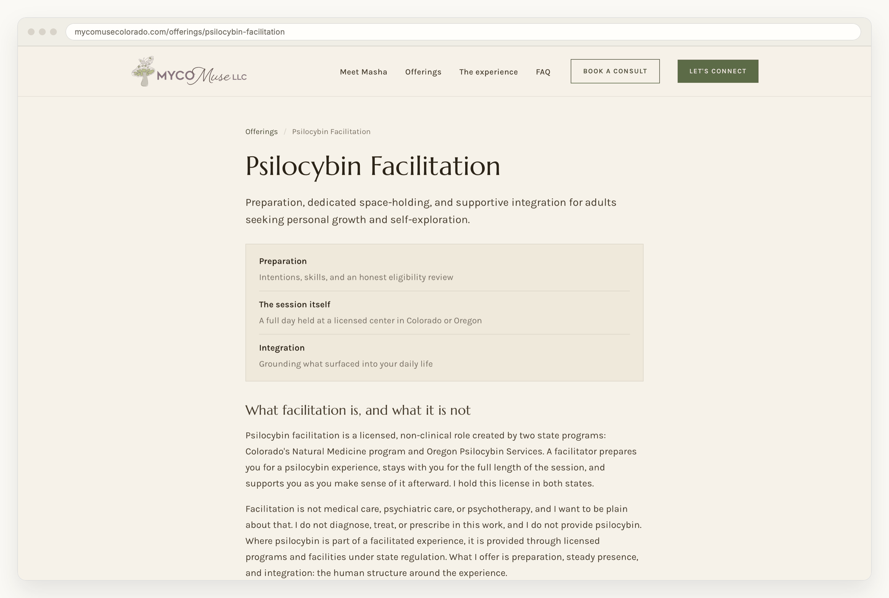 An offering page for psilocybin facilitation, with a three-row summary of preparation, the session itself and integration, above a section headed what facilitation is, and what it is not.