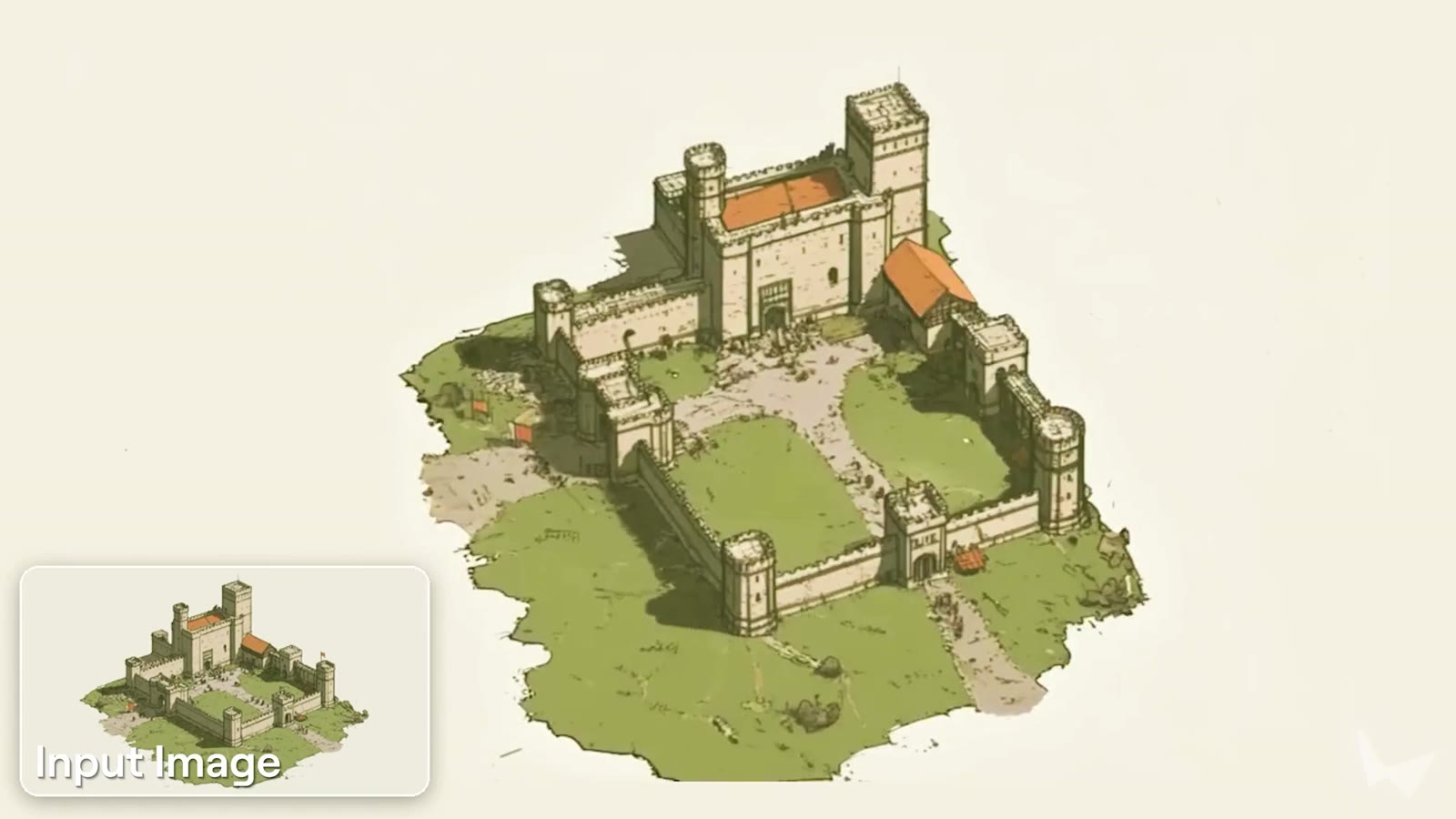 Frame from the Atlas announcement film: an isometric illustration of a walled castle on a green island, generated from the single input image shown in the corner