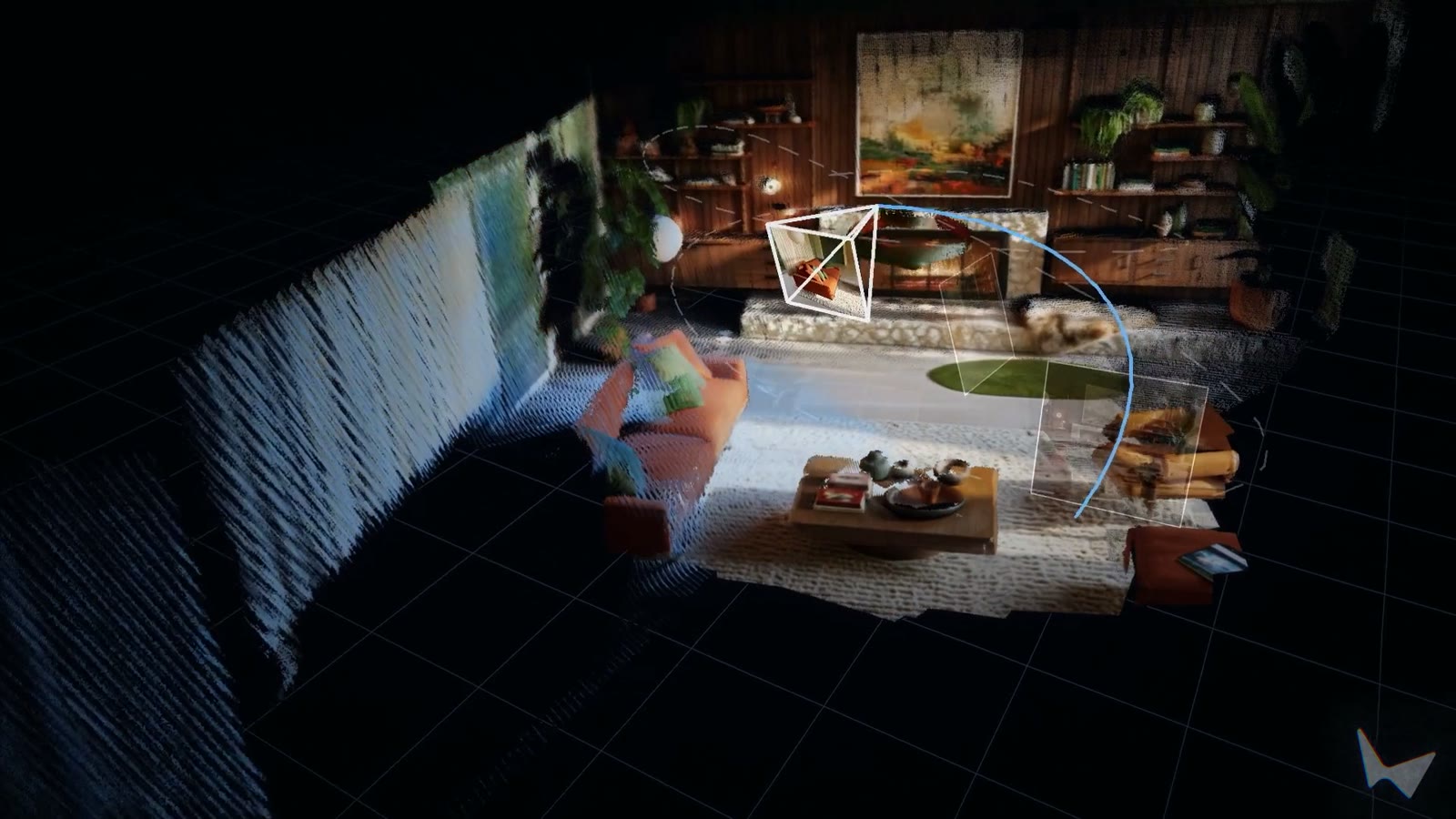 Frame from the Atlas announcement film: a living room reconstructed as a point cloud from a few photographs, with the recovered camera positions drawn as wire frustums along a blue path