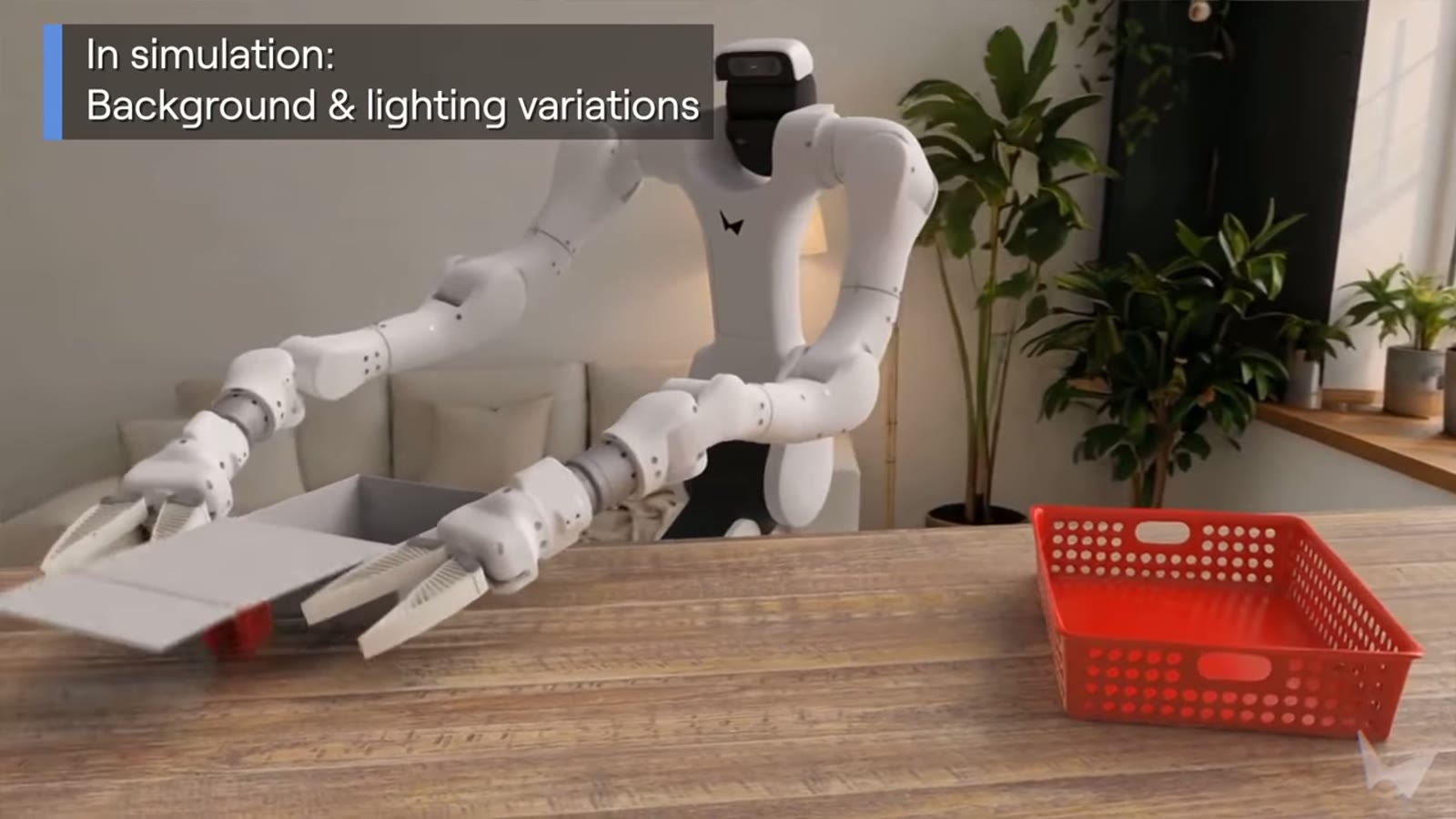 Frame from World Labs' Atlas robotics demo: a white two-armed robot at a wooden table with a red basket, labelled In simulation: Background and lighting variations