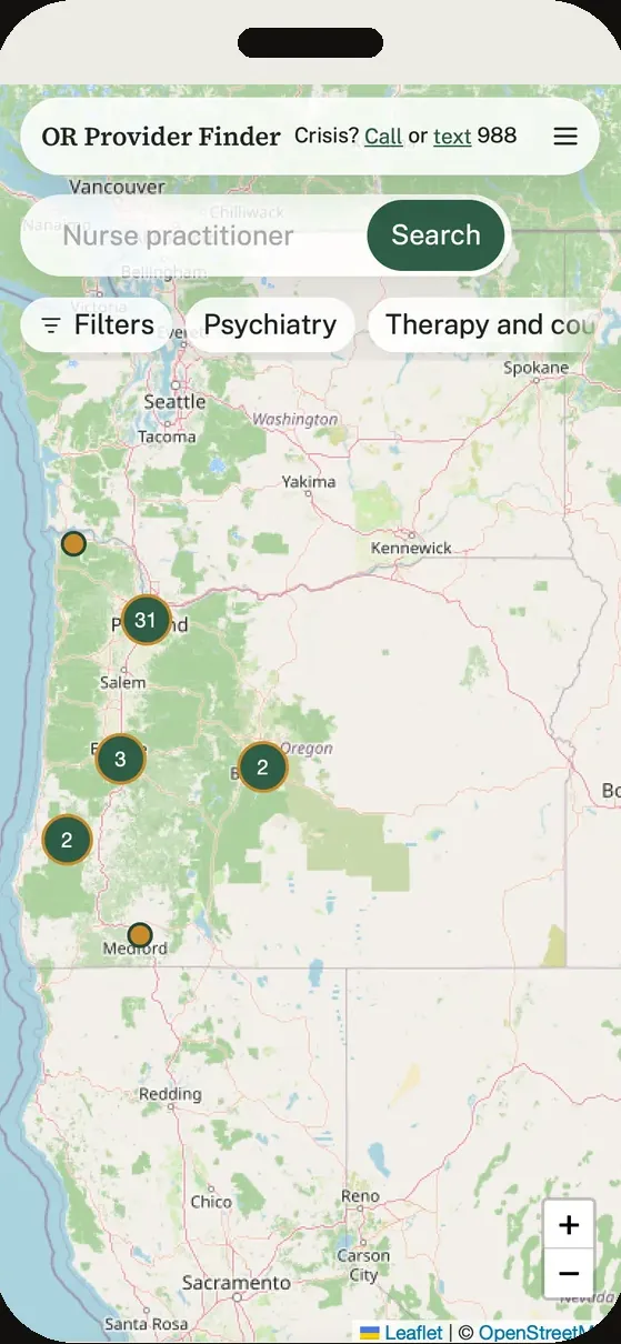 Oregon Provider Finder, the same page on a phone